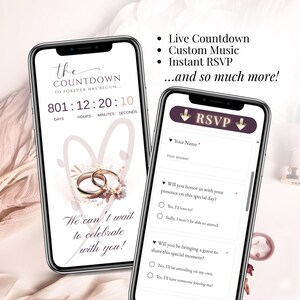 Wedding invitation with live countdown and instant RSVP, burgundy and blush elegant style, animated digital wedding template, Google Form response tracking, modern mobile wedding invite.