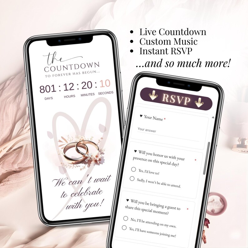 Wedding invitation with live countdown and instant RSVP, burgundy and blush elegant style, animated digital wedding template, Google Form response tracking, modern mobile wedding invite.