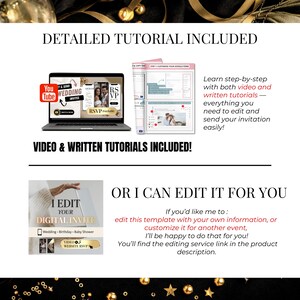 May include: A digital invitation template with detailed tutorials. The image shows a laptop displaying a wedding invitation, alongside screenshots of the editing process. Text includes "Video & Written Tutorials Included!" and "Or I can edit it for you."