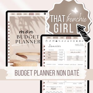 Op de afbeelding: Een digitale budgetplanner-app met een beige achtergrond en de tekst "mon BUDGET PLANNER" in zwart. De app heeft een kalender, een lijst met uitgaven en een sectie voor het stellen van financiële doelen. De app is geopend voor de maand januari.