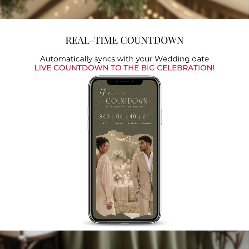 Wedding countdown timer digital invitation, green wedding website Canva template, save the date RSVP website, live countdown wedding mobile invite, elegant digital wedding invitation, interactive wedding website template