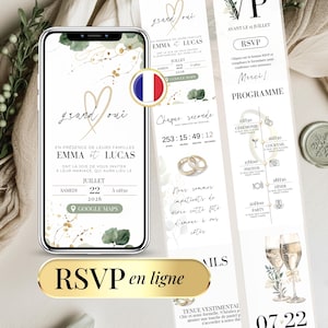 Invitación de boda digital verde salvia: invitación digital de Canva con respuesta en línea y temporizador de cuenta regresiva. Envío por WhatsApp, SMS o correo electrónico.