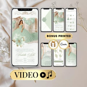Sage Green Quinceanera Invitation Video, Digital Animated Template for Sweet 15 RSVP, Canva Editable Birthday Sweet 16 Digital Invite
