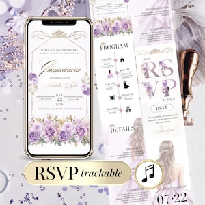 Lilac digital Quinceañera invitation designed for a 15th birthday celebration, also known as Mis Quince Años. Elegant digital birthday invite editable in Canva, featuring a clickable online RSVP. Perfect for a modern Quinceañera or Sweet 15 party, this electronic invitation is easy to personalize and share via WhatsApp, SMS, or email.