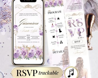 Invitación Quinceañera Lila, Plantilla Editable Floral para Mis Quince Años, Invitación Digital 15 Años con RSVP Clickeable Online Website
