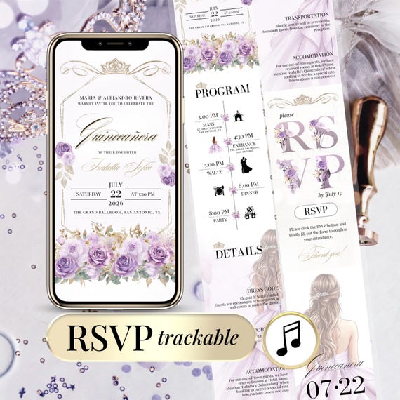 Lilac Quinceanera Invite for 15th Birthday, Digital Mis Quince Anos - Invitation Quinceañera Numérique Anniversaire 15 ans RSVP Cliquable