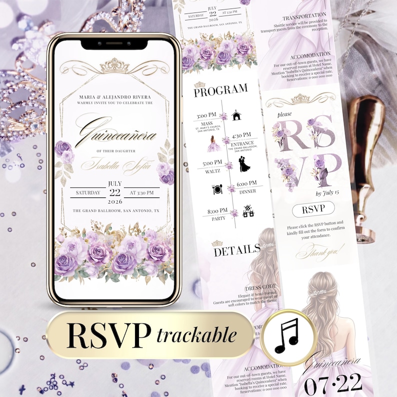 Lilac digital Quinceañera invitation designed for a 15th birthday celebration, also known as Mis Quince Años. Elegant digital birthday invite editable in Canva, featuring a clickable online RSVP. Perfect for a modern Quinceañera or Sweet 15 party, this electronic invitation is easy to personalize and share via WhatsApp, SMS, or email.
