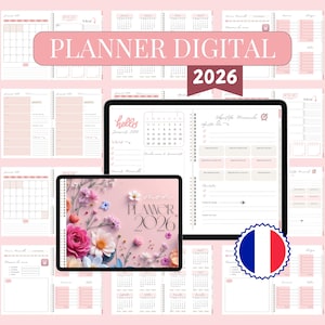 Peut inclure: Un agenda numérique pour 2026 avec un design rose et floral. L'image montre une tablette et un appareil plus petit affichant les pages de l'agenda, avec des calendriers et des listes de tâches. Le texte "PLANNER DIGITAL 2026" est affiché.