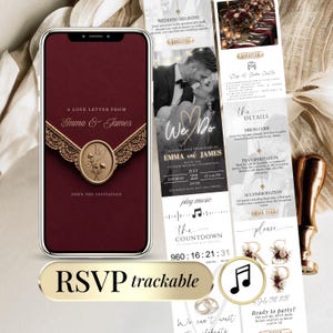 Burgundy Wedding Website Invitation | Trackable RSVP Link Canva Template | Editable Digital Invite, Clickable Envelope, Music, Countdown