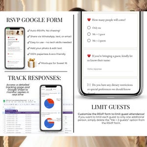 Google Form RSVP for Quinceañera or Sweet 16 – track responses in real time, limit guests, and collect preferences. Auto-RSVPs, WhatsApp/email sharing, editable form with guest name and dietary fields. Paperless, eco-friendly, and fully customizable with Google Sheets integration. Includes Sweet 16 mockups.