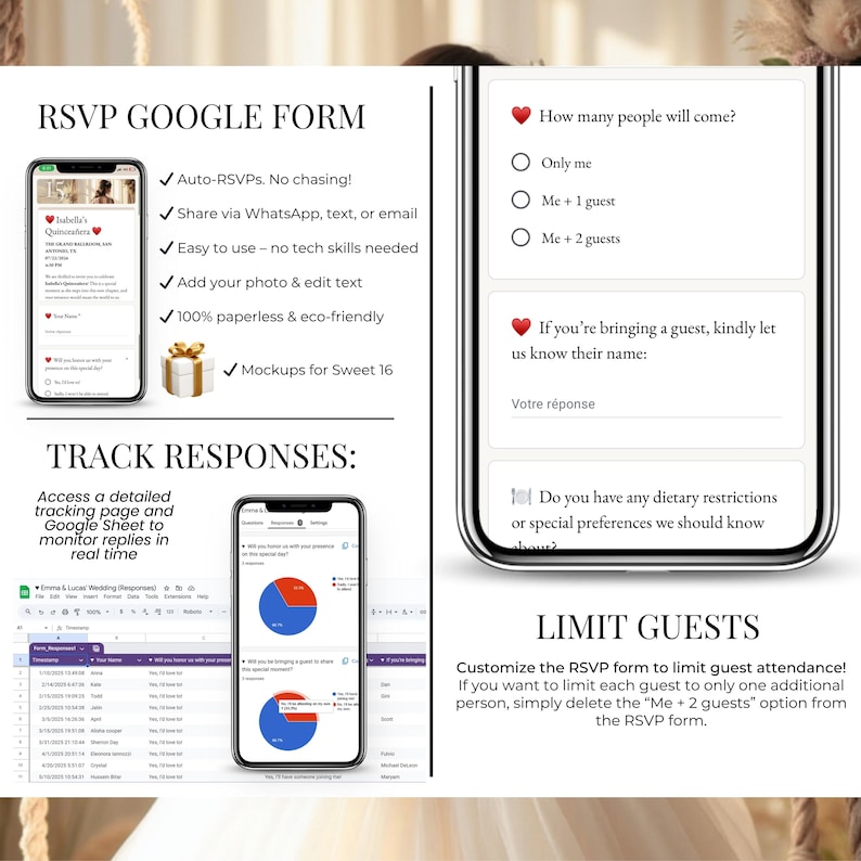 Google Form RSVP for Quinceañera or Sweet 16 – track responses in real time, limit guests, and collect preferences. Auto-RSVPs, WhatsApp/email sharing, editable form with guest name and dietary fields. Paperless, eco-friendly, and fully customizable with Google Sheets integration. Includes Sweet 16 mockups.