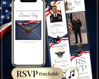 May include: A digital retirement party invitation displayed on a smartphone screen, featuring a blue envelope with a gold star seal and American flag imagery. The invitation includes text honoring years of service, a photo of a soldier, and RSVP details.