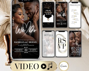 Black Gold Wedding Video Invitation – Digital Animated Canva Template – Elegant Luxury Wedding Invite with Envelope