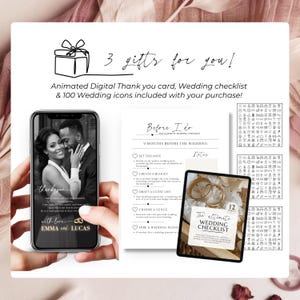 Bonus wedding bundle including animated digital thank you card, printable wedding checklist and 100 wedding icons included with interactive wedding website invitation Canva template purchase