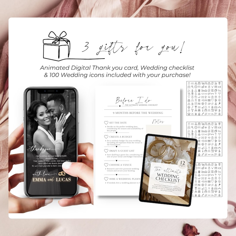 Bonus wedding bundle including animated digital thank you card, printable wedding checklist and 100 wedding icons included with interactive wedding website invitation Canva template purchase
