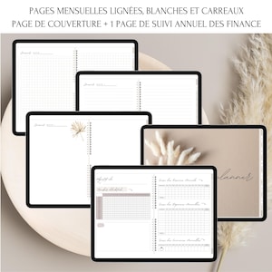 May include: A set of printable digital planner pages with a neutral color scheme. The pages include monthly calendar grids, lined pages, and a page for tracking finances. The pages are designed to be used with a digital planner app.