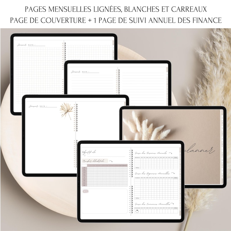 May include: A set of printable digital planner pages with a neutral color scheme. The pages include monthly calendar grids, lined pages, and a page for tracking finances. The pages are designed to be used with a digital planner app.