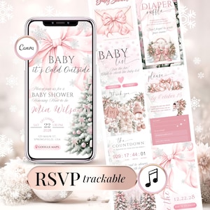Baby It's Cold Outside Babyshower uitnodiging | Roze strik Winter Wonderland digitale uitnodiging | Kerst RSVP website, bewerkbaar Canva