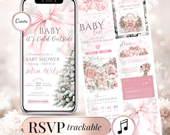 Baby It's Cold Outside Baby Shower Invitation | Pink Bow Winter Wonderland Digital Invite | Christmas RSVP Website, Editable Canva