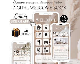 Folleto de bienvenida digital en inglés en el que se puede hacer clic, folleto digital estilo Boho, formato móvil, habitación de huéspedes, albergue, hotel, Airbnb