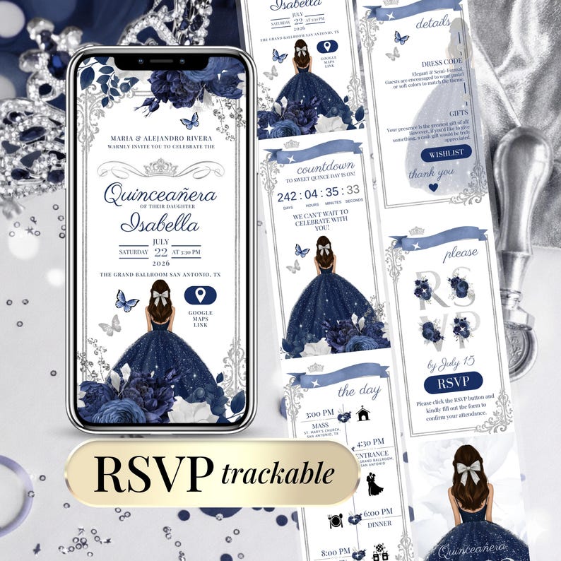 Editable navy blue Quinceañera digital invitation with RSVP form. Elegant sweet 16 or Mis Quince Años event website template featuring floral silver design, RSVP tracking, event schedule, and Google Maps link. Perfect for 15th birthday party. Canva template shown on phone screens for instant download and customization.