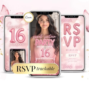 Digitale Sweet 16-Einladung mit Online-RSVP – Bearbeitbare Canva-Vorlage für Quinceañera oder Geburtstagsfeier für Mädchen – Anpassbares Foto 15 16 Jahre alt