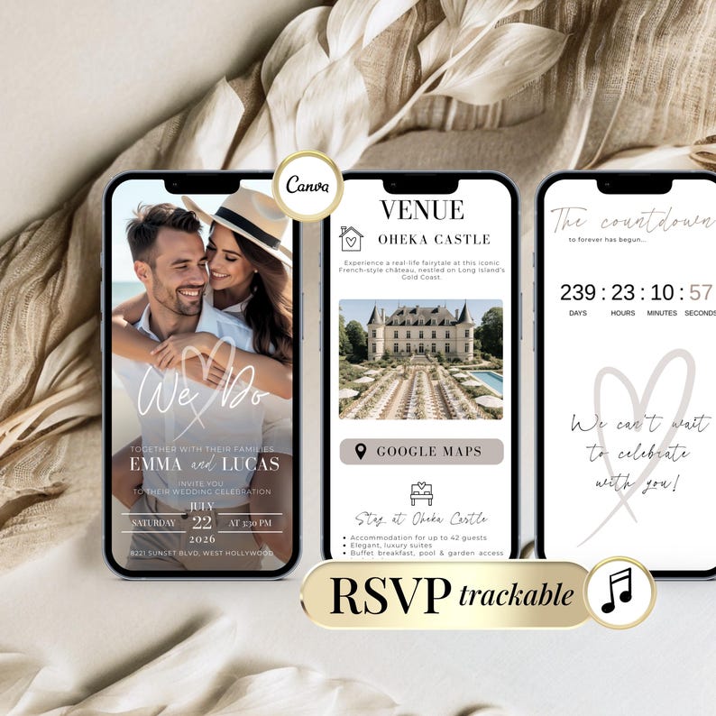 Digital wedding invitation template with RSVP tracker, live countdown timer, and Google Maps venue link. Fully editable in Canva, perfect for modern couples planning an online wedding celebration. Customizable We Do cover photo, real-time RSVP tracking, and elegant mobile-friendly design. Send via text or email for a seamless guest experience.