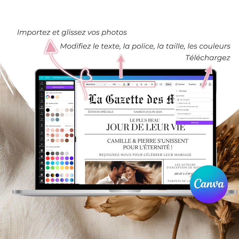 Gazette des Mariés Modèle Faire Part Mariage Template Canva Invitation Mariage Personnalisable Journal Mariage Modèle Canva A3 et A4