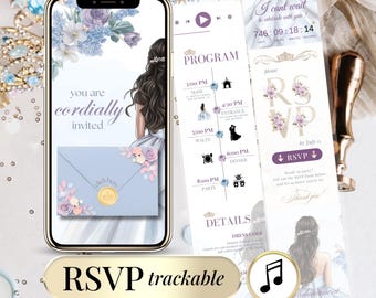 Digital Quinceañera Invitation Website – RSVP Tracker, Music (Canva Template)