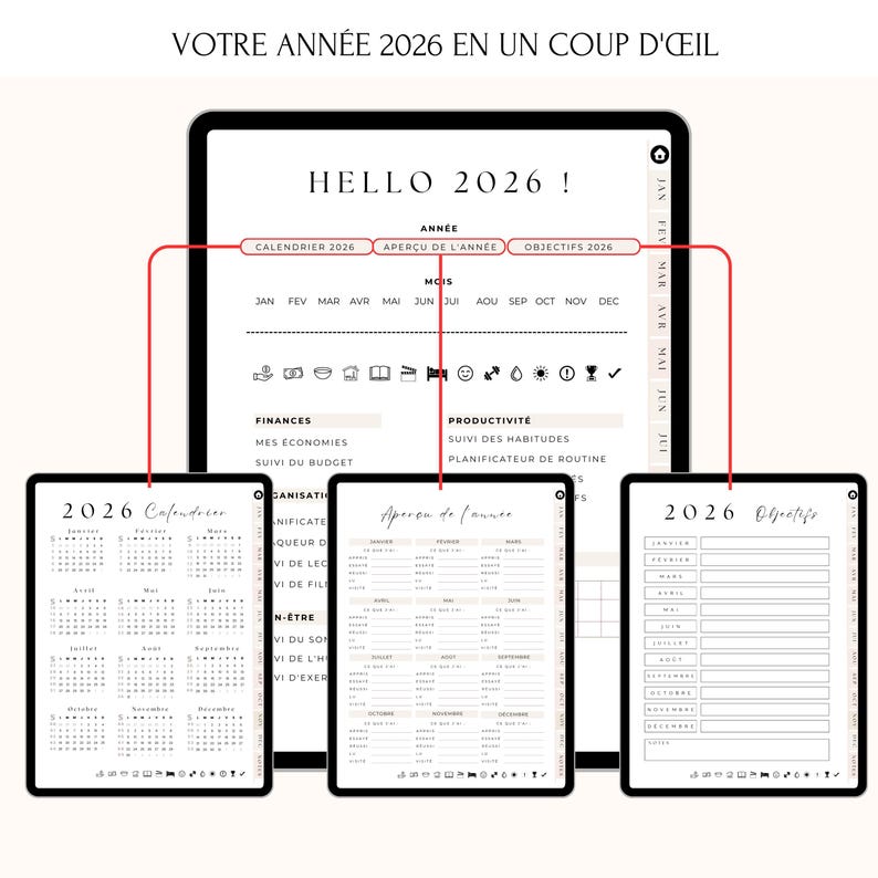 Agenda Digital 2026 Français – Vue annuelle complète. Retrouvez en un coup d’œil votre calendrier 2026, un aperçu de l’année mois par mois et une page dédiée à vos objectifs annuels. Planifiez vos projets, suivez vos priorités et organisez vos objectifs personnels et professionnels. Compatible iPad, tablette, GoodNotes, Notability, PDF. L’outil parfait pour une année structurée et réussie !