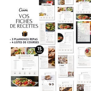 French recipe card template, 15 pages in A4 format, customizable Canva template, cooking recipes, recipe sheets.