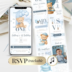 Teddy Bear 1st Birthday Invitation, Blue Theme (Digital Invite)