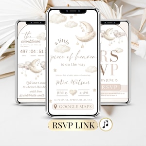 May include: Three smartphones displaying digital baby shower invitations with a celestial theme. The screens feature watercolor illustrations of a crescent moon and clouds, with text including 'a little piece of heaven is on the way' and 'Mia Wilson'.