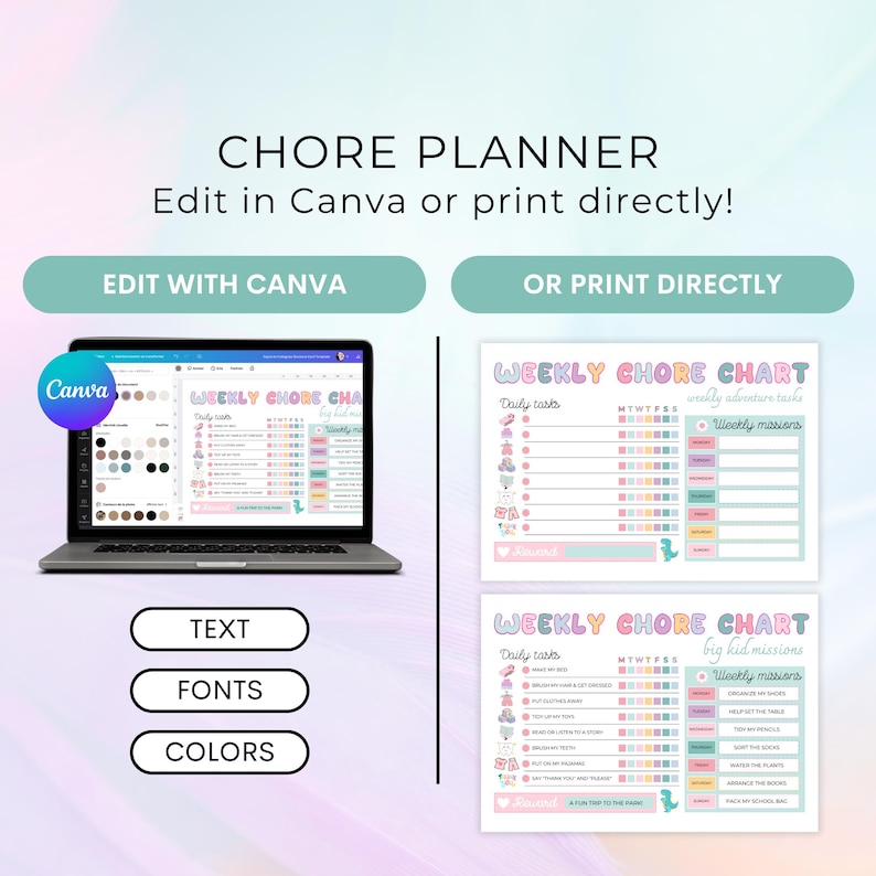 Editable Kids Chore Chart - Daily Routine - Reward System - Printable ...