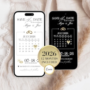 May include: Two smartphones displaying a wedding "Save the Date" announcement. The design features elegant typography, gold accents, and a calendar for July 2026. Includes the text "Mya & Joe", date, location, and "12 Months Included".