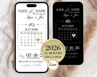 May include: Two smartphones displaying a wedding "Save the Date" announcement. The design features elegant typography, gold accents, and a calendar for July 2026. Includes the text "Mya & Joe", date, location, and "12 Months Included".