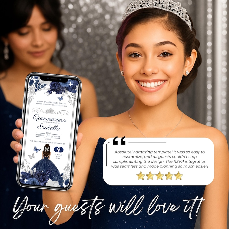 Happy girl in navy blue dress showing Quinceañera digital invitation on phone. Editable RSVP website with floral silver design and real customer review. Perfect for Sweet 16 or Mis Quince Años. Template praised for easy customization and seamless RSVP integration. Ideal for 15th birthday party invitations your guests will love.