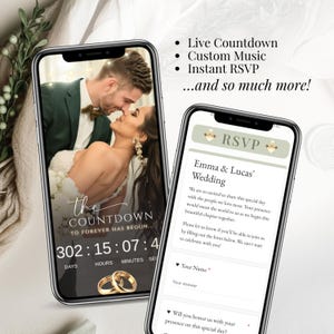 Sage green digital wedding invitation with live countdown timer, custom music and instant RSVP form. Modern Canva wedding website template shown on two mobile phones, featuring elegant greenery design, bride and groom photo, Google Forms RSVP and wedding timer. Editable online wedding invite for texting, email or WhatsApp, perfect for stylish modern couples.