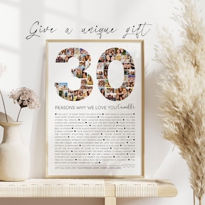 Editable Canva photo collage template with '30 Reasons We Love You' theme, featuring customizable photo slots and text. Ideal for a personalized 30th birthday gift, this DIY design is perfect for celebrating 30 years of memories with loved ones.