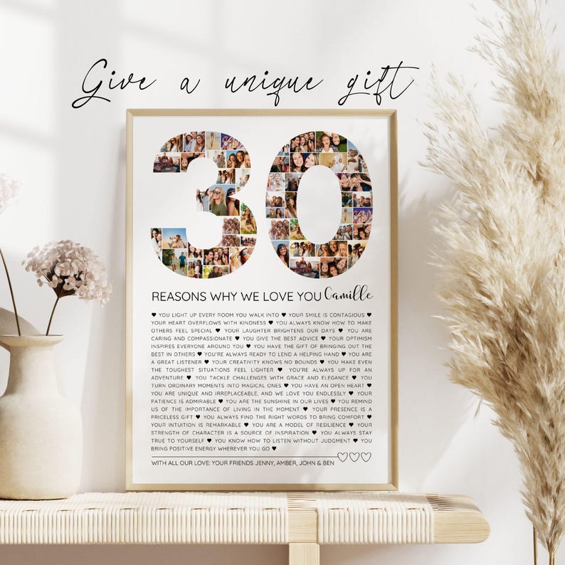 Editable Canva photo collage template with '30 Reasons We Love You' theme, featuring customizable photo slots and text. Ideal for a personalized 30th birthday gift, this DIY design is perfect for celebrating 30 years of memories with loved ones.