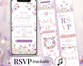 Spring Baby Shower Invite Digital – Enchanted Butterfly Pink Wildflower Invite with RSVP Tracker, Music & Countdown Template