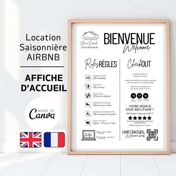 Cartel de bienvenida de Airbnb en francés e inglés, plantilla Canva, cartel de bienvenida de Airbnb en francés e inglés, Airbnb Canva, bienvenida de Airbnb