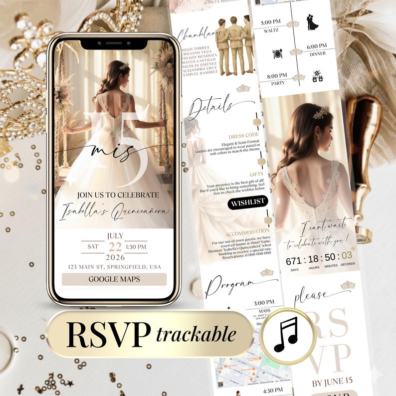 Elegant digital Quinceañera invitation with RSVP tracker, featuring champagne and gold design, Google Maps program, and editable Canva template. Sweet 15 online invite includes RSVP form, countdown, and mobile-friendly layout. Perfect for 15th birthday or Sweet 16. Instant download. Fully customizable.