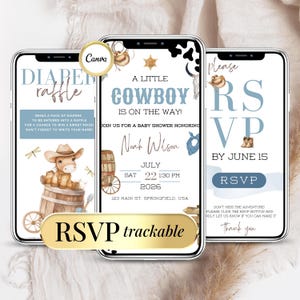 A Little Cowboy Baby Shower Invitation, Editable Western Theme Invite, Rodeo Baby Shower Editable Digital Invite with Clickable RSVP Website