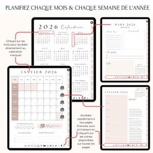 Agenda Digital 2026 Français – Planifiez chaque mois et chaque semaine. Accédez directement à vos calendriers mensuels cliquables et organisez vos semaines avec 2 pages dédiées pour les tâches, objectifs, rendez-vous et to-do list. Navigation fluide vers vos trackers (budget, repas, habitudes, sommeil…). Compatible iPad, tablette, GoodNotes, Notability, PDF. L’agenda numérique idéal pour une année 2026 parfaitement organisée !