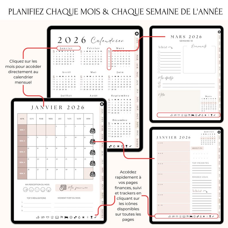 Agenda Digital 2026 Français – Planifiez chaque mois et chaque semaine. Accédez directement à vos calendriers mensuels cliquables et organisez vos semaines avec 2 pages dédiées pour les tâches, objectifs, rendez-vous et to-do list. Navigation fluide vers vos trackers (budget, repas, habitudes, sommeil…). Compatible iPad, tablette, GoodNotes, Notability, PDF. L’agenda numérique idéal pour une année 2026 parfaitement organisée !