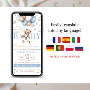 Baby Boy Shower Invitation with Blue Teddy Bear balloons. Printable & digital template, easy translation to any language. “We Can Bearly Wait” wording with editable text and layout in Canva. Perfect for global baby shower celebrations.