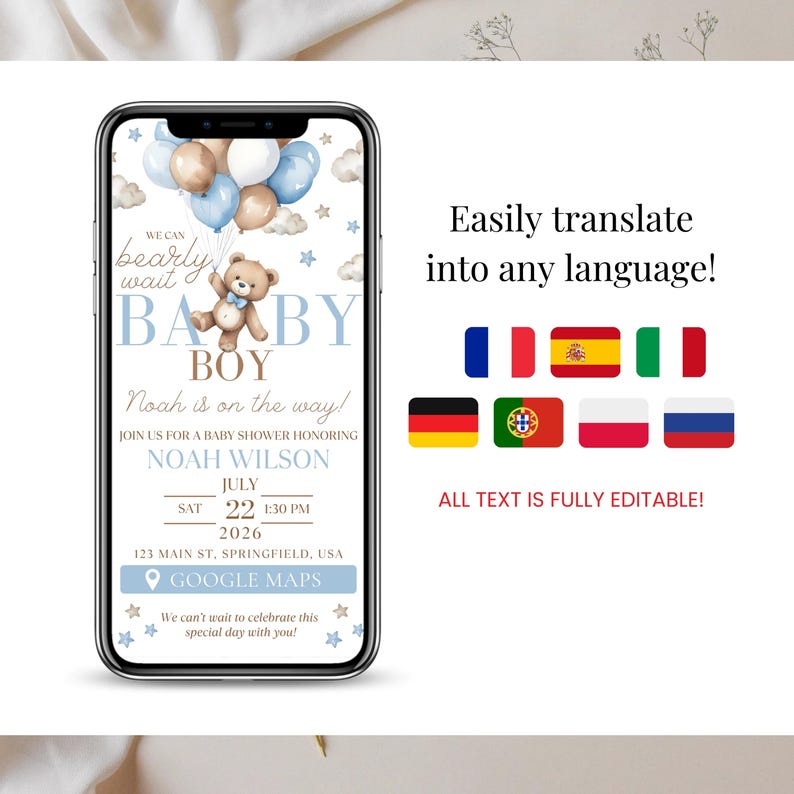 Baby Boy Shower Invitation with Blue Teddy Bear balloons. Printable & digital template, easy translation to any language. “We Can Bearly Wait” wording with editable text and layout in Canva. Perfect for global baby shower celebrations.