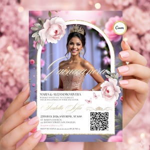 Quinceañera Invitation Editable Template - Pink Gold Floral Mis XV Quince Años Printable Sweet 16 Invite QR code Canva Anniversaire Fille