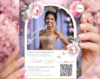 Edytowalny szablon zaproszenia na Quinceañera - różowe złoto kwiatowy Mis XV Quince Años do druku Sweet 16 Zaproś kod QR Canva Birthday Girl